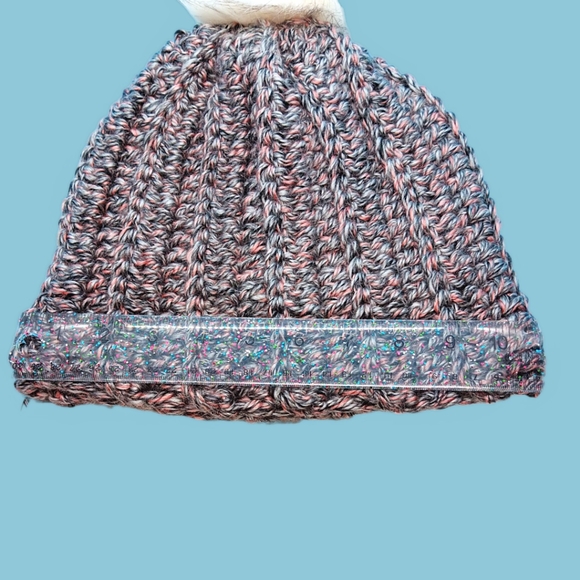 HANDMADE Gray & Pink Ribbed Hand Crocheted Beanie with White Faux Fur Pom Pom - Picture 4 of 8